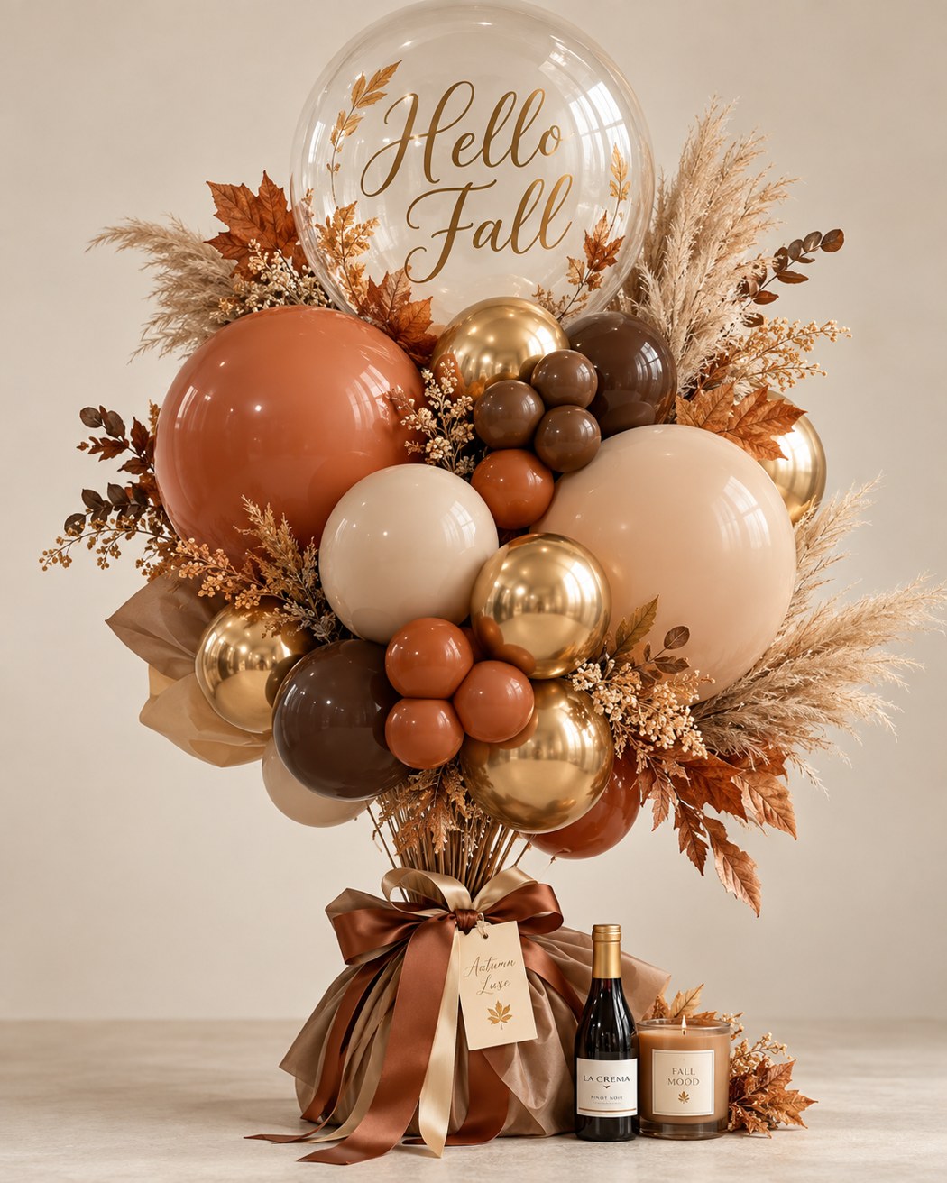 Terracotta, cream and gold with a personalized bubble, autumn leaves and pampas.