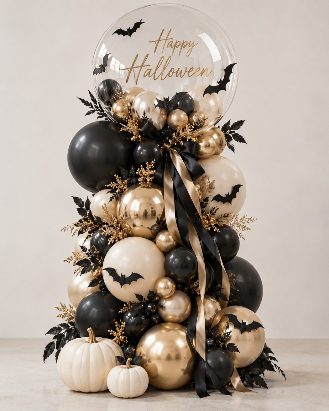 Black, champagne and gold with a Halloween bubble and bat details.