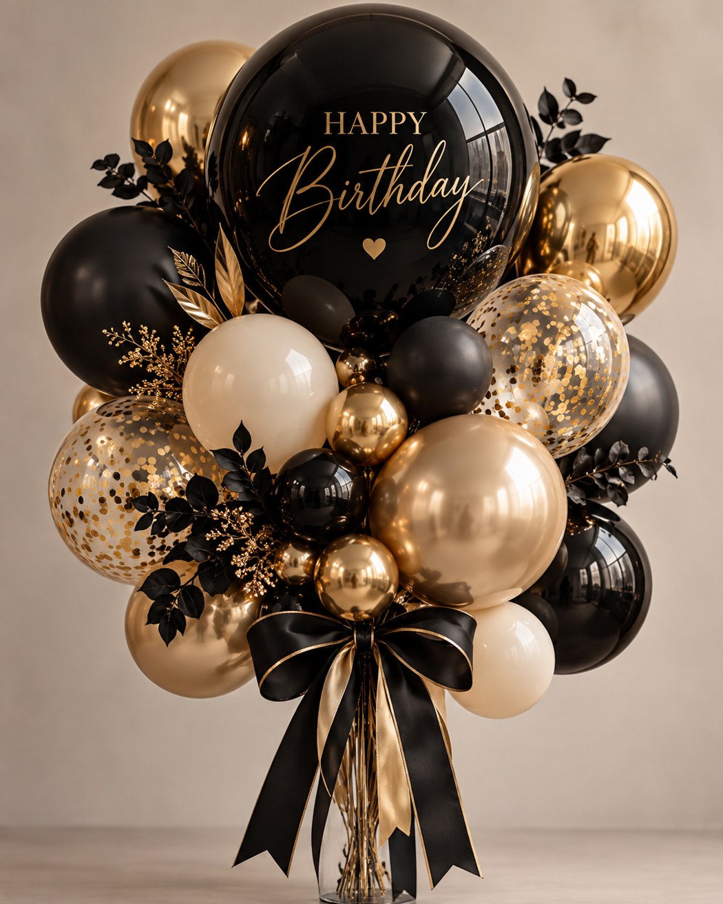 Black, ivory and metallic gold with a birthday message.