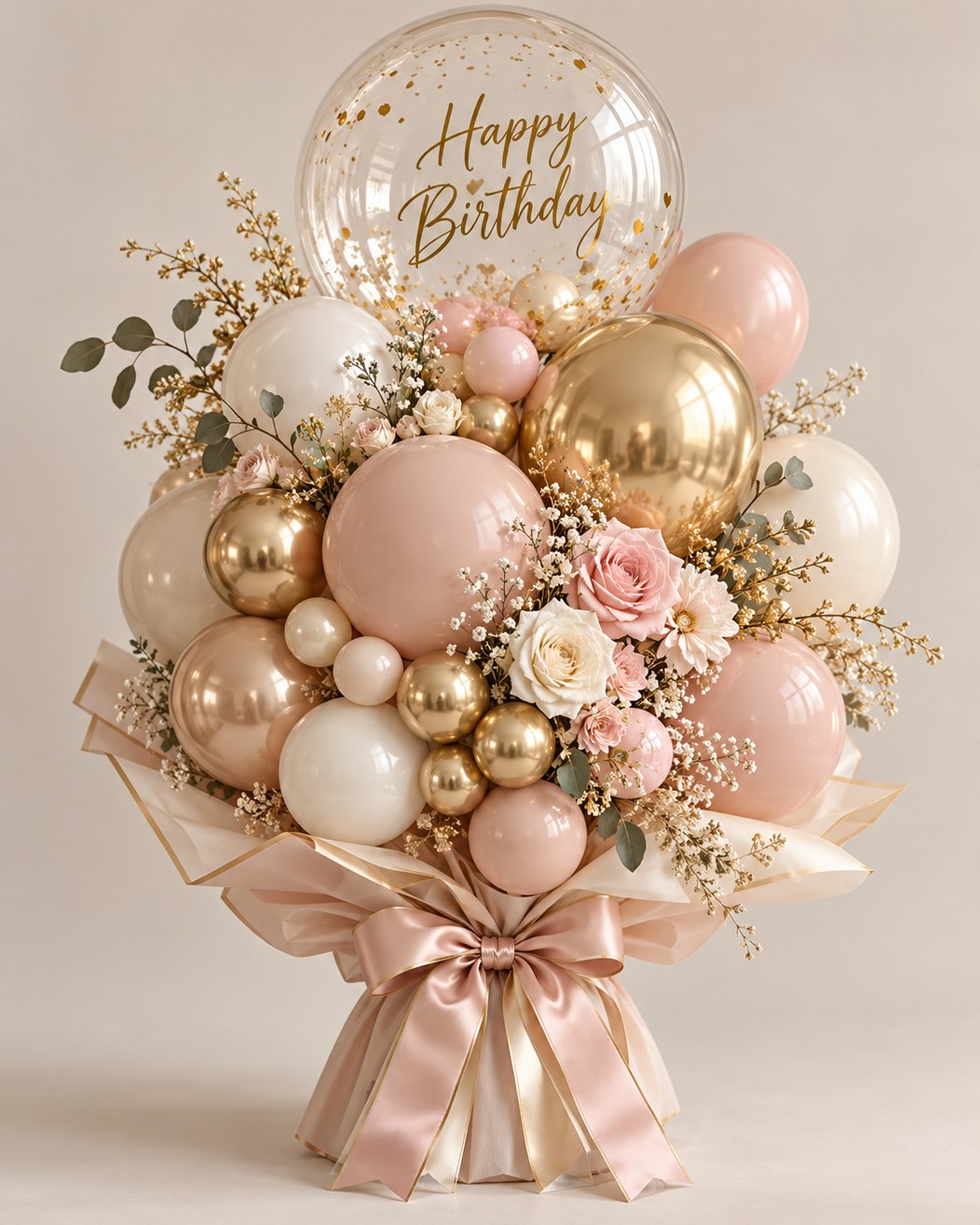 Soft blush, ivory and gold with flowers and a personalized birthday bubble.