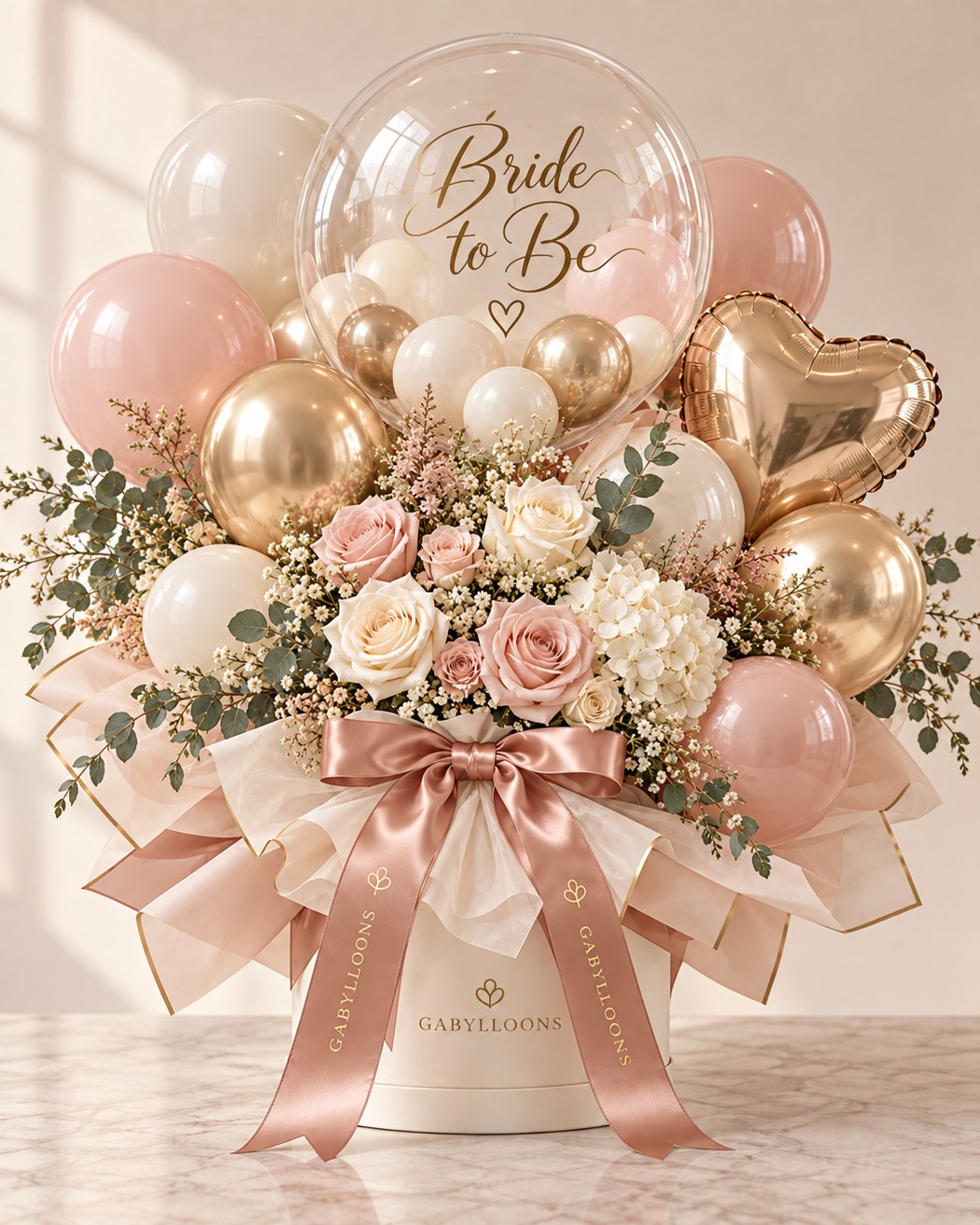 Blush, ivory and gold with flowers and heart balloons for the bride.