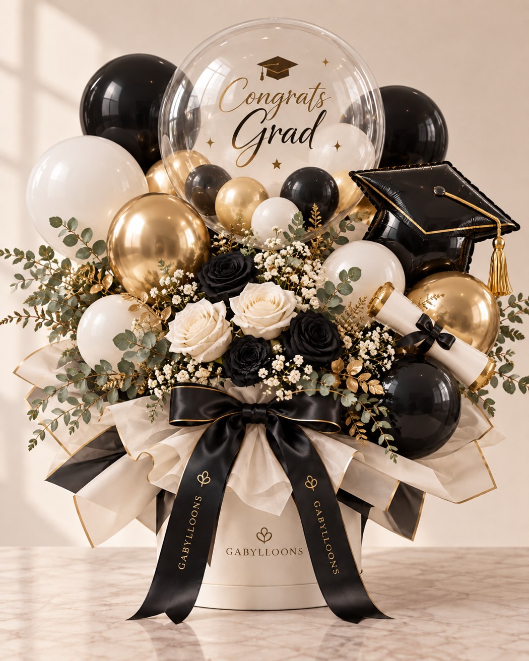 Black, white and gold with graduation details and a personalized message.