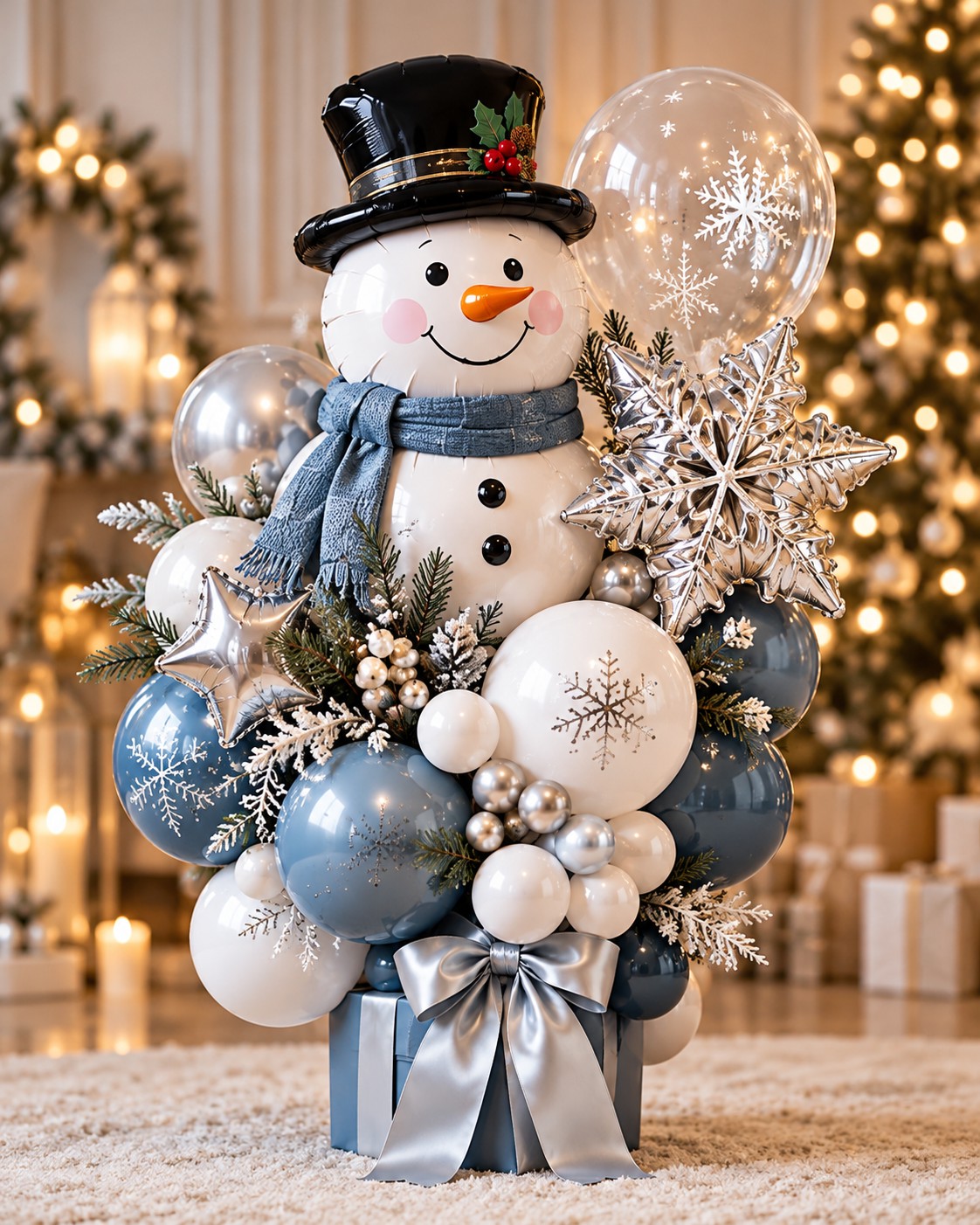 A snowman with blue, white and silver balloons.