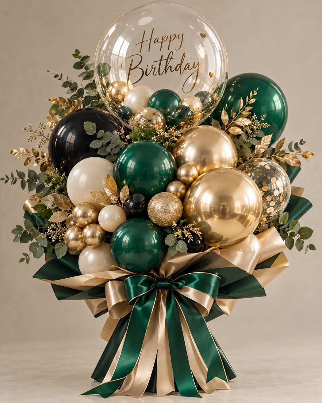 Emerald green, cream and gold with foliage and a generous bow.