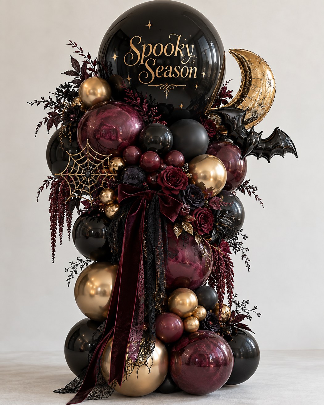 Black and burgundy with golden details, bats and a crescent moon.