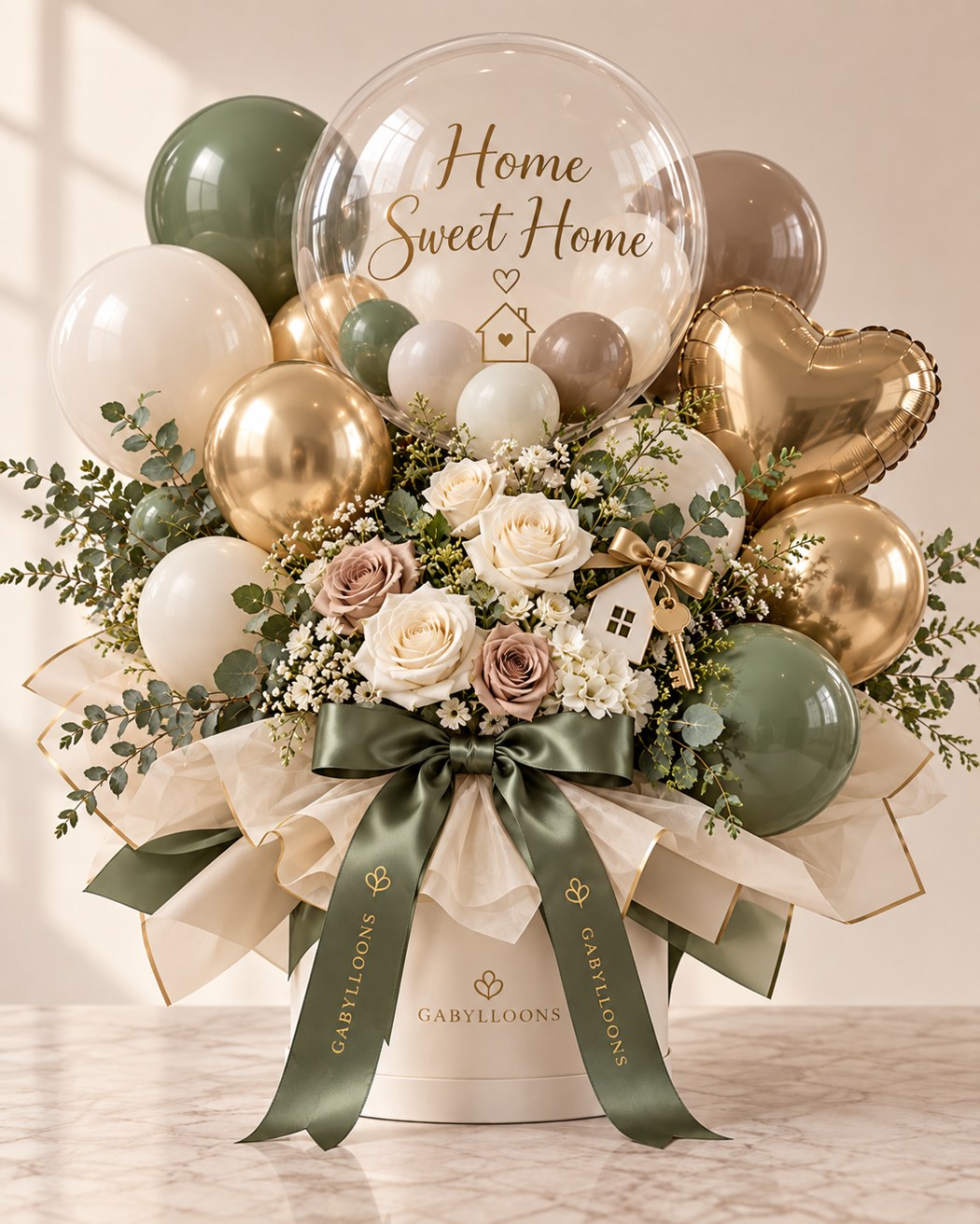 Sage, cream and gold with flowers to celebrate a new home.