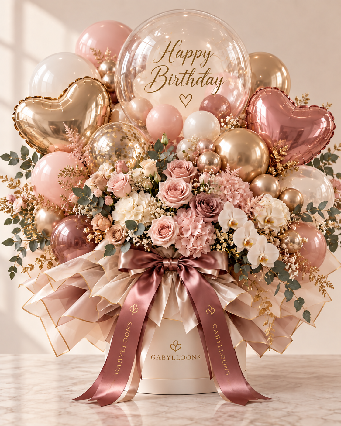 A generous floral bouquet in blush, cream and gold with heart details.