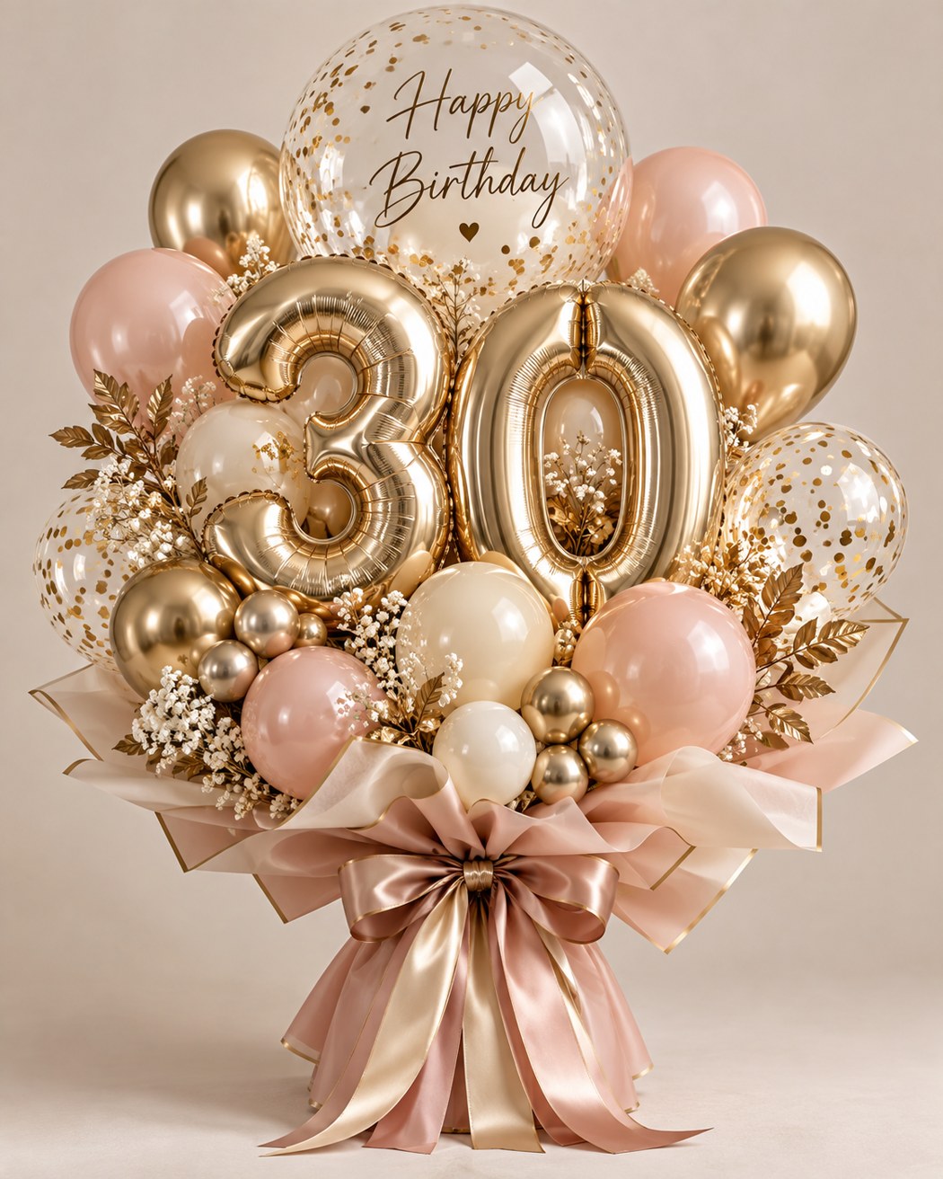 Gold numbers, blush balloons and a personalized birthday bubble. Choose your age.