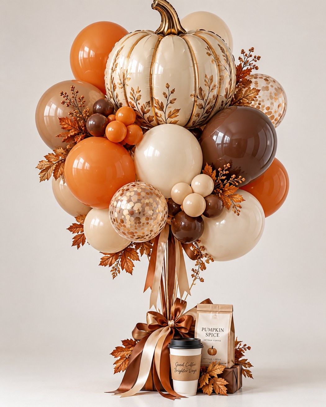 A cream pumpkin with caramel, orange and chocolate balloons.