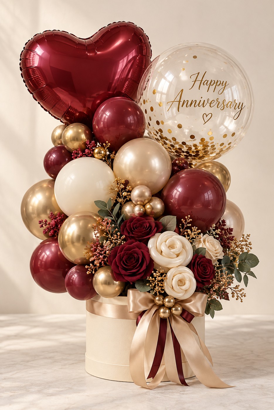 Burgundy and champagne balloons with red and ivory roses, a heart and an anniversary bubble.