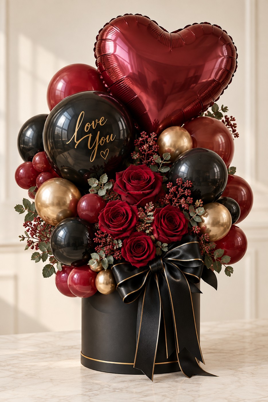 Black and burgundy balloons, red roses and a bold heart in a black gift box.