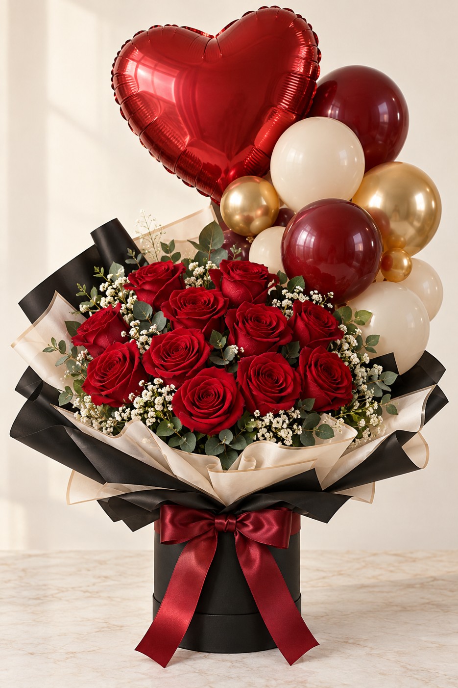 Red roses with a heart balloon, burgundy and gold accents, and contrasting black wrapping.