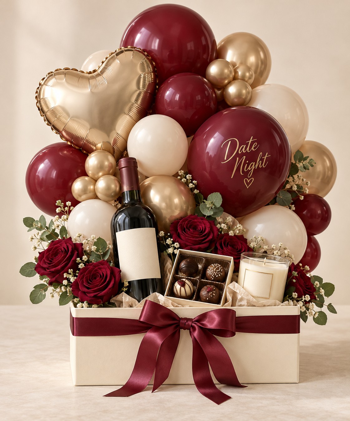 A romantic gift box with burgundy hearts, red roses and room for thoughtfully chosen extras.