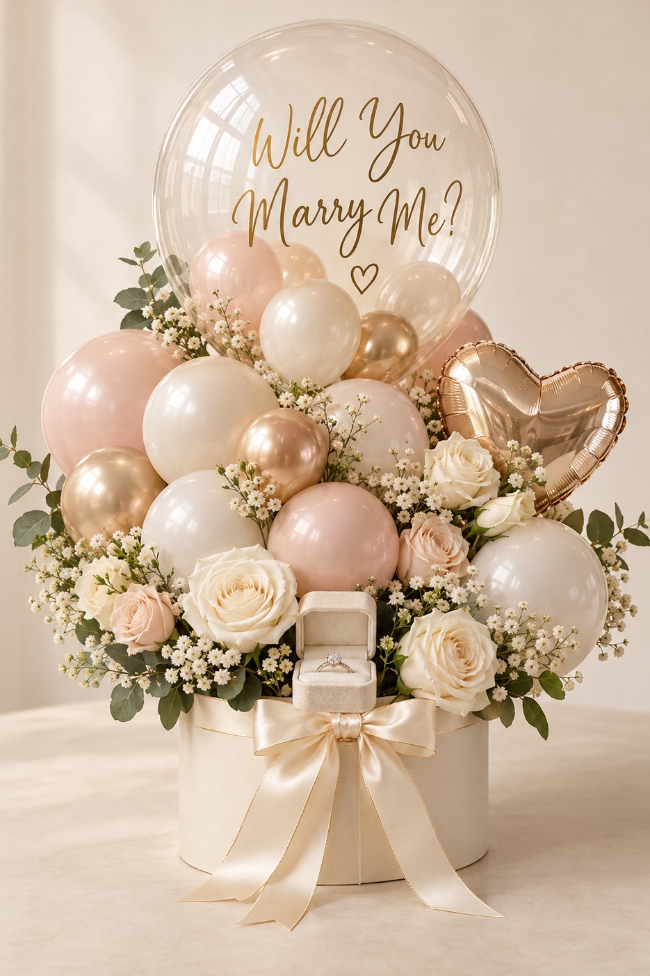 A proposal bubble with blush and ivory balloons, white roses and a place for your ring box.