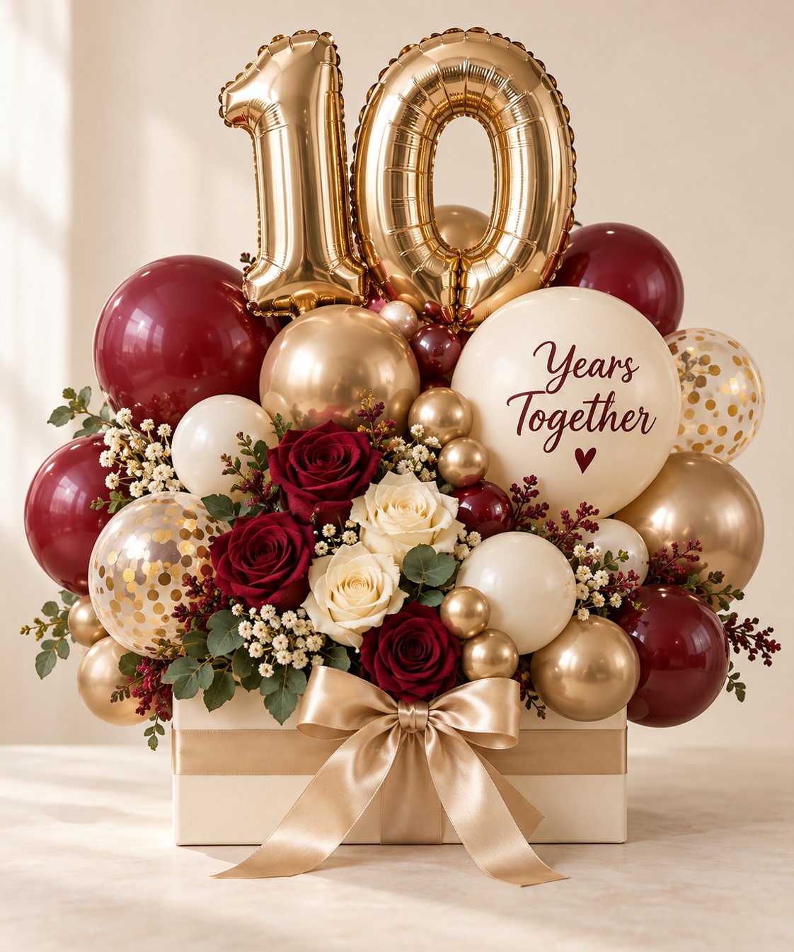 Celebrate your anniversary with gold numbers, burgundy balloons and roses. Choose the number of years.