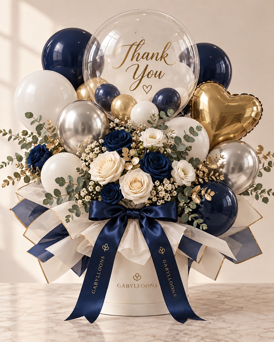 Navy, ivory and gold with a personalized thank-you message.