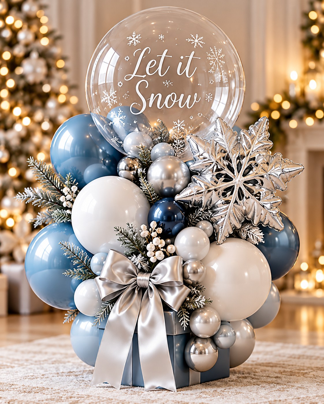 Icy blue, white and silver with snowflakes and a winter bubble.