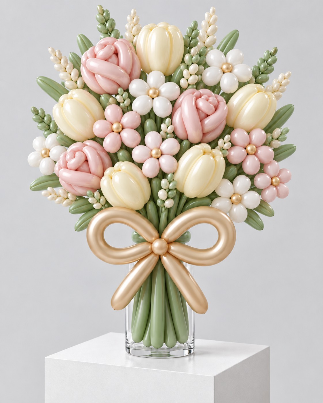 Pastel balloon bouquet with roses, tulips, daisies and a champagne gold bow