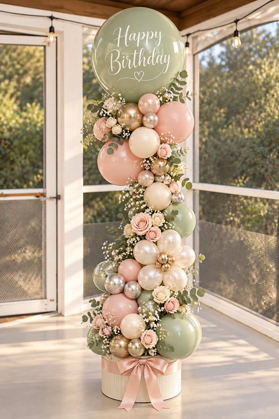 A tall birthday arrangement in sage, blush and cream with balloon flowers.