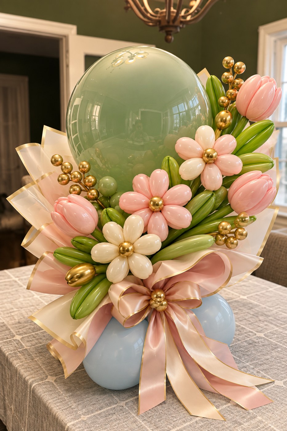 A sage balloon framed by tulips, daisies, gold leaves and a satin bow.